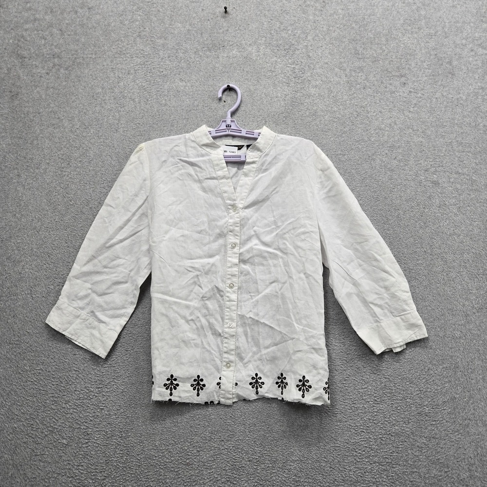 Ecologie Women Blouse XL White Linen Floral Button Embroidered Coastal
